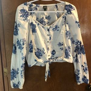 Blue and white floral front-tie blouse